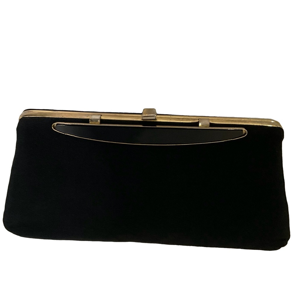 H L USA Black Clutch Bag; Gold Clasp; Black Decorative Gem; Gold Fabric Inside